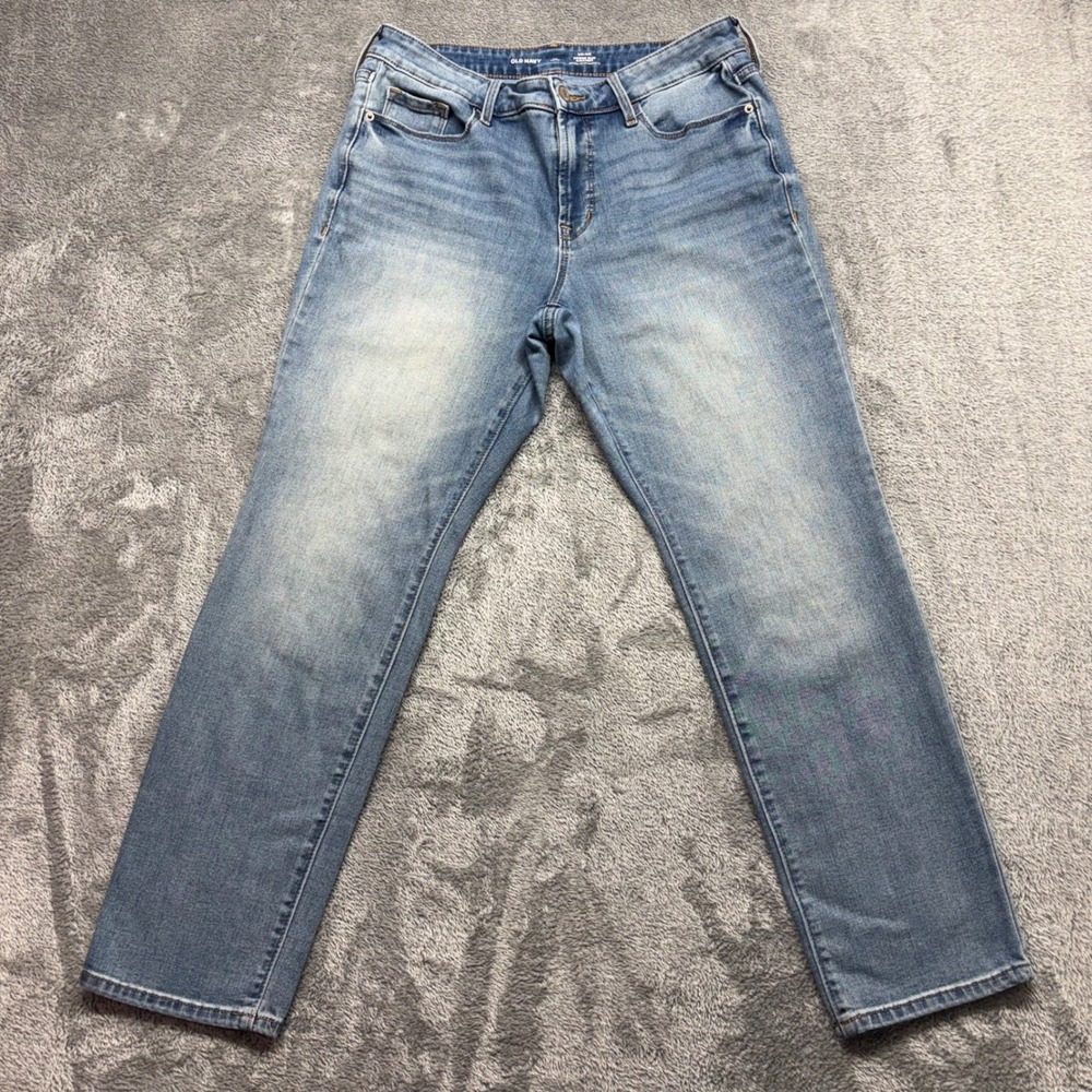 Old Navy Power Slim Straight Jeans Women 10 Petite Blue Good High Rise Zip Fly